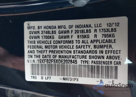 2013 Honda Civic Lx из США, поврежденный, VIN 19XFB2F5XDE202845